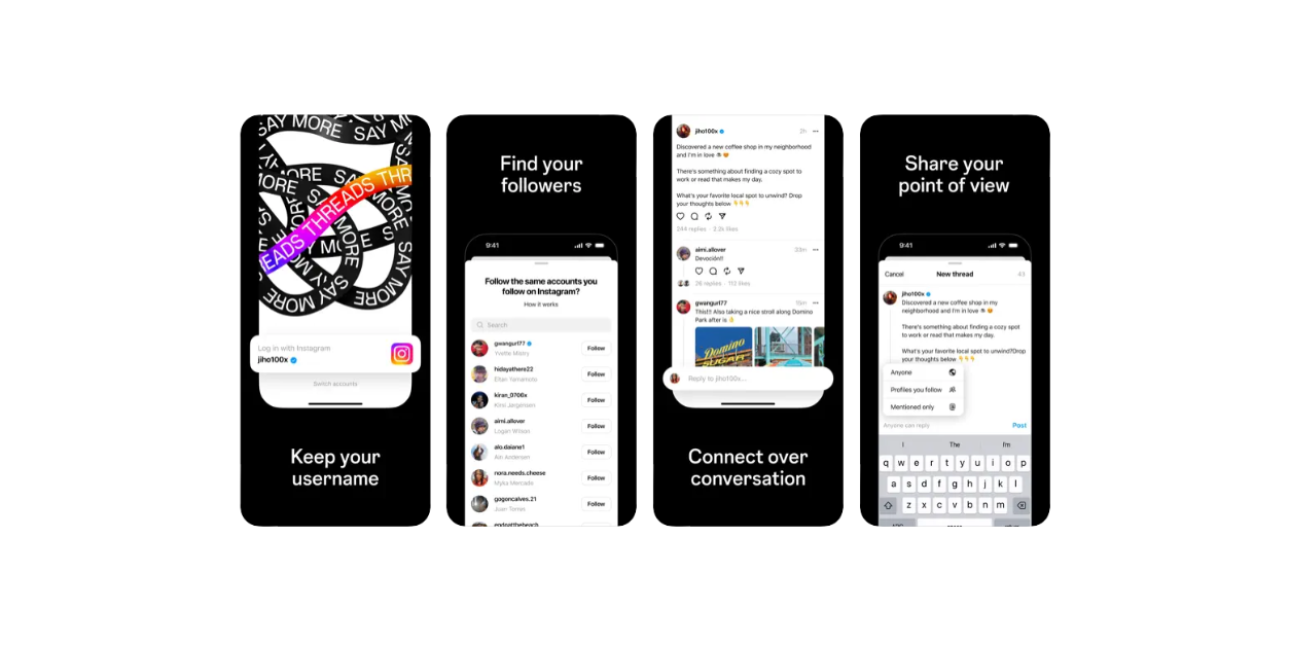 Screenshots of Threads displayed on four Apple iPhone screens showing a welcome screen, a list of followers, an example of a conversation and a new thread